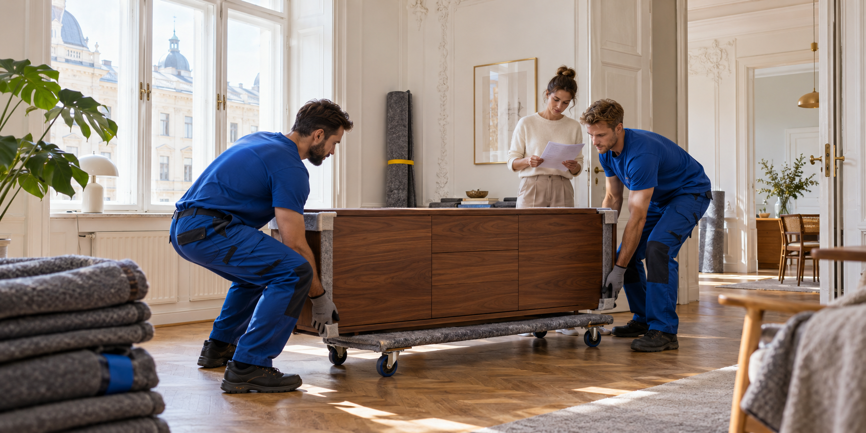Professionelles Team bewegt ein geschütztes Möbelstück in einer Wiener Wohnung