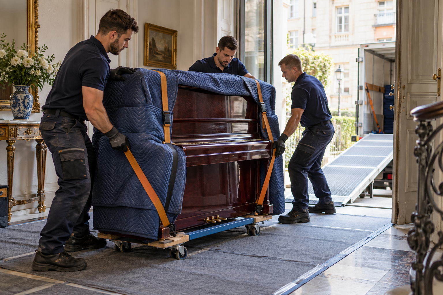Geschütztes Klavier wird für einen Spezialtransport vorbereitet