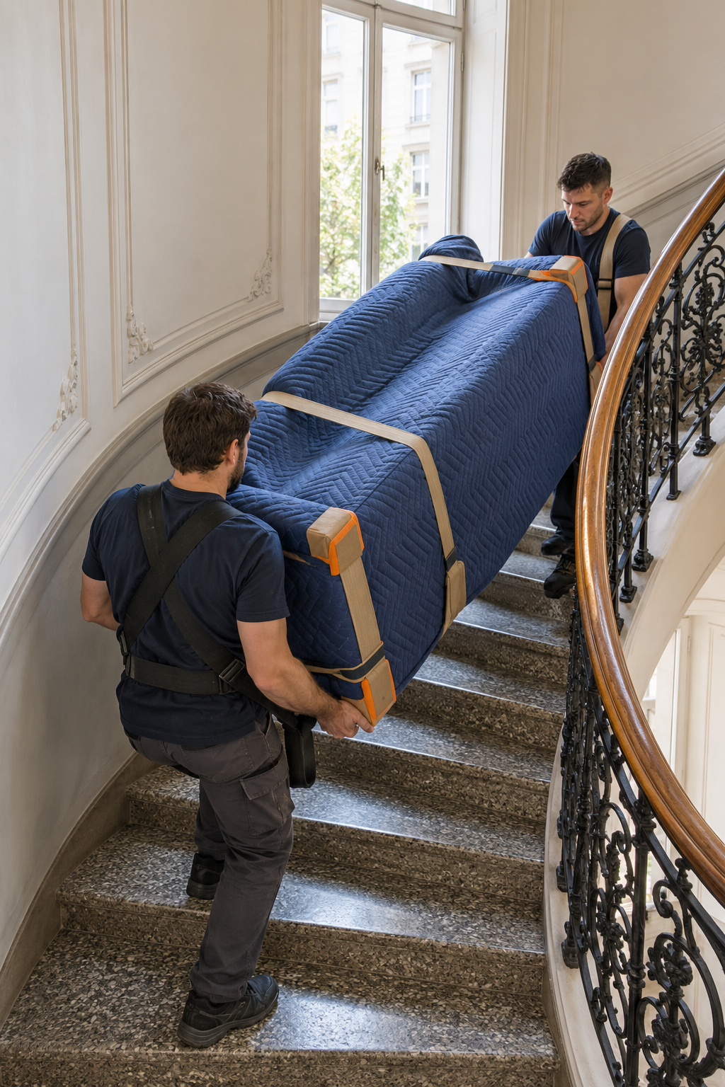 Geschütztes Sofa wird sorgfältig durch ein Wiener Altbau-Stiegenhaus getragen